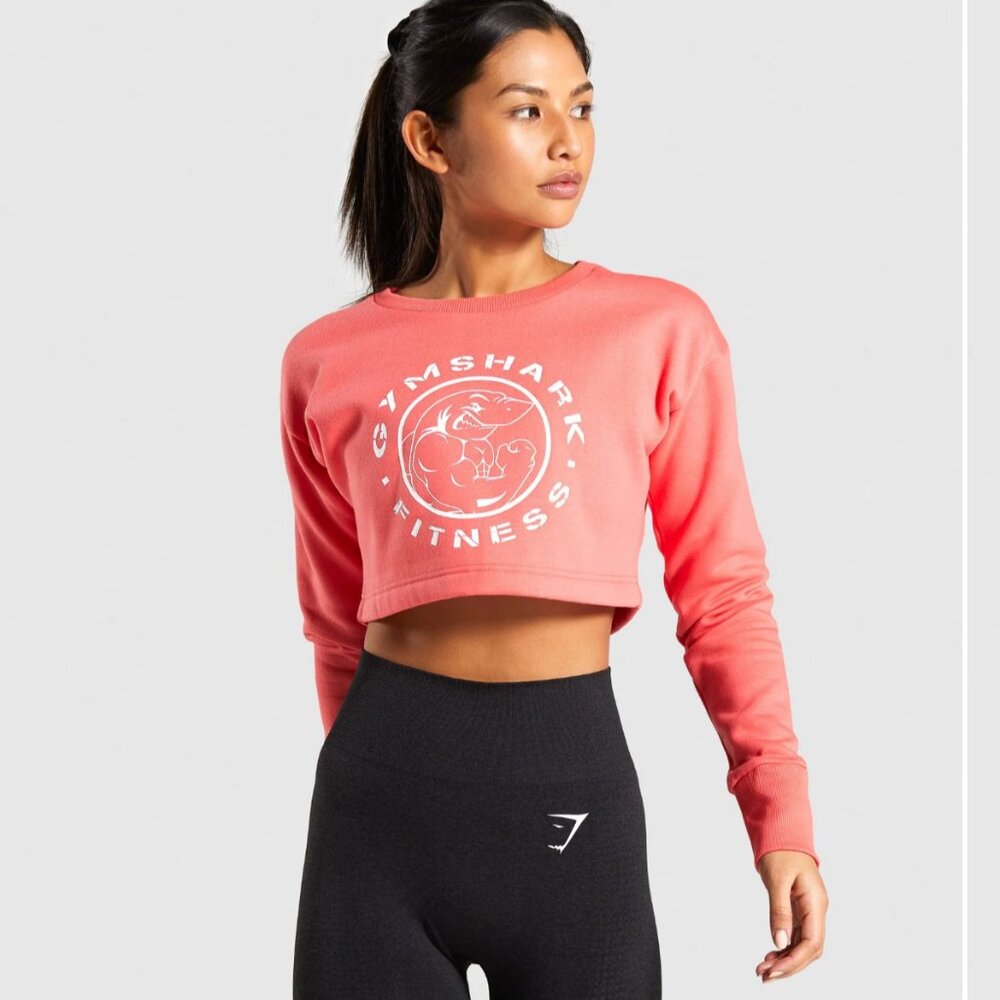 NEW GYMSHARK Legacy Cropped Sweatshirt Fleece Crop Top Sweater Coral Pink S